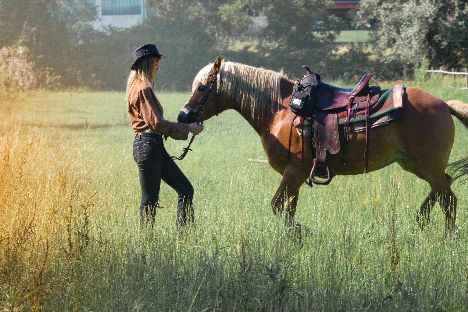 girl with cowboy hat hold reigns looking at brown horse